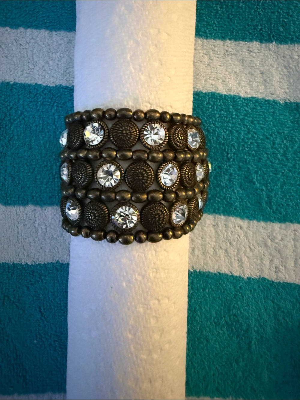 Crystal Accent Wide Stretch Bracelet in Antique Brass